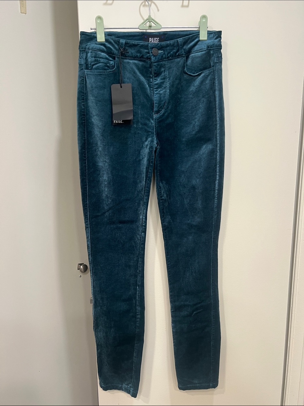 PAIGE Deep Teal Velvet Skinny Jeans